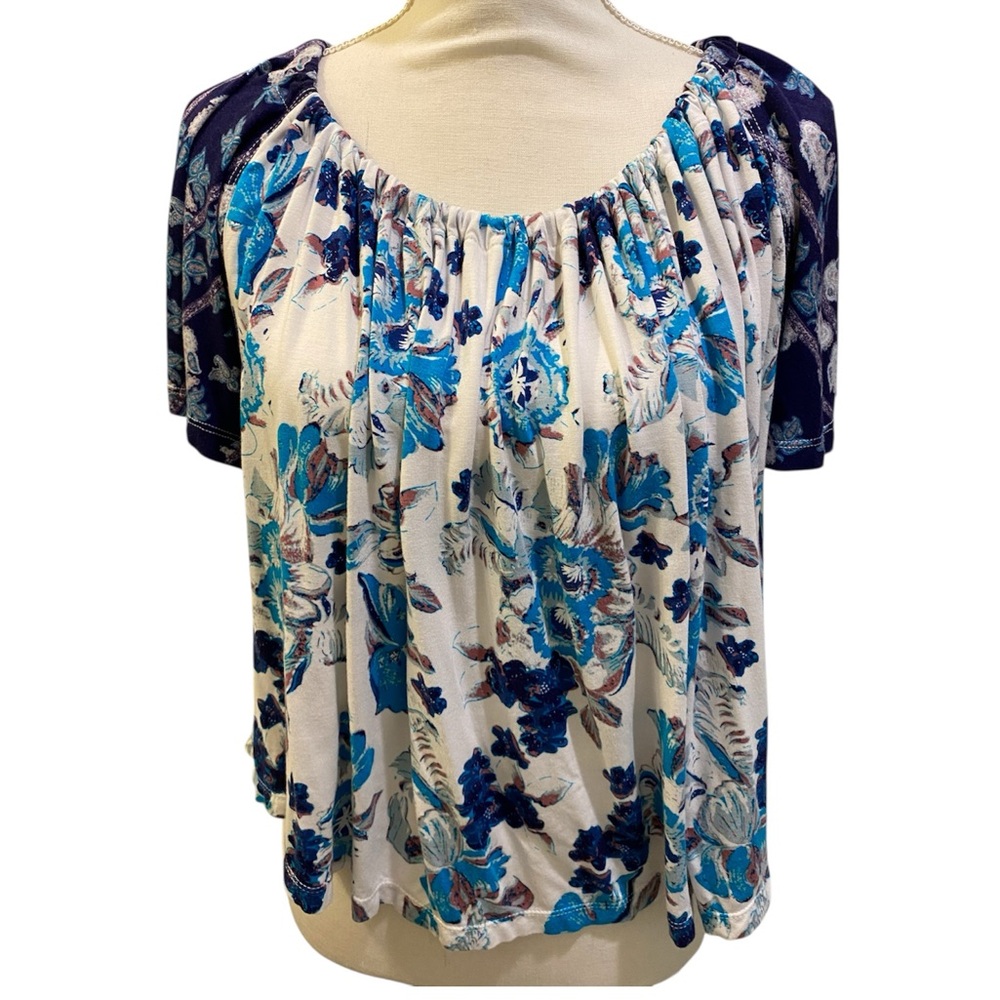 FREE People Top Floral Blue and White